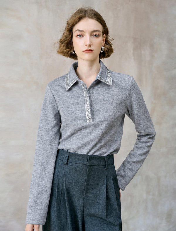 Sequin Trim Wool-Blend Polo Top