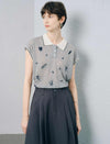 Contrast Collar Leaf Embroidery Sleeveless Knit Polo Top