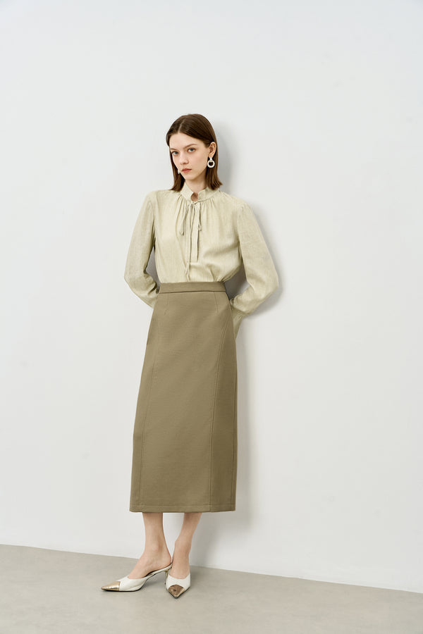 Linen Blend Tie-Neck Blouse