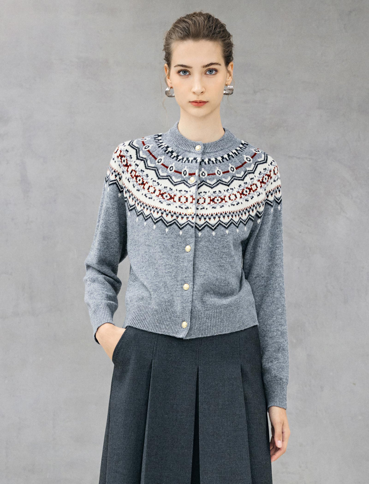 100% Wool Fair Isle Crewneck Button-Front Cardigan