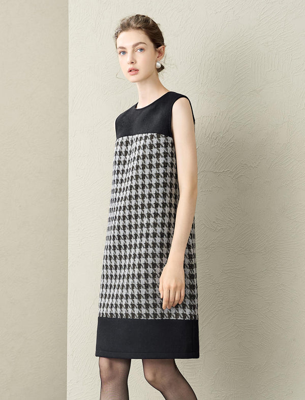 Houndstooth Wool-Blend Sleeveless Shift Dress