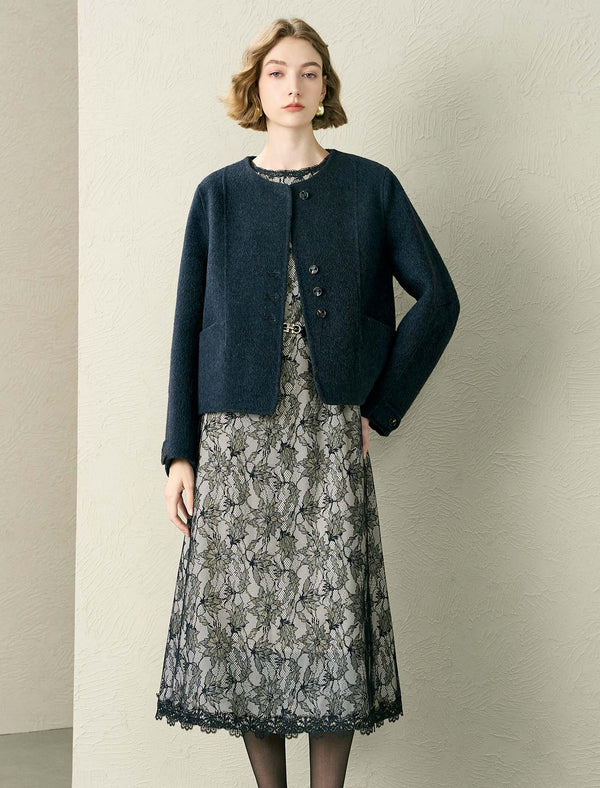 Wool-Blend Button Front Short Coat