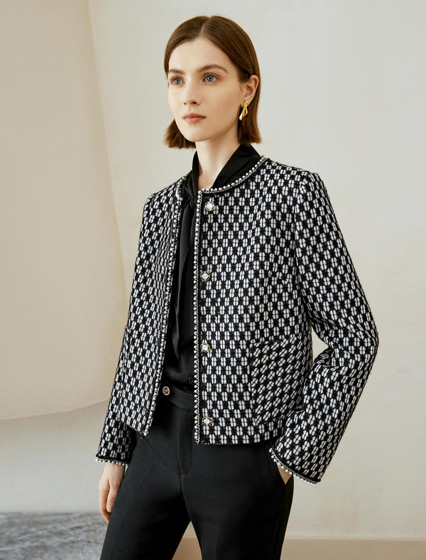Checkered Round Neck Short Wool Coat