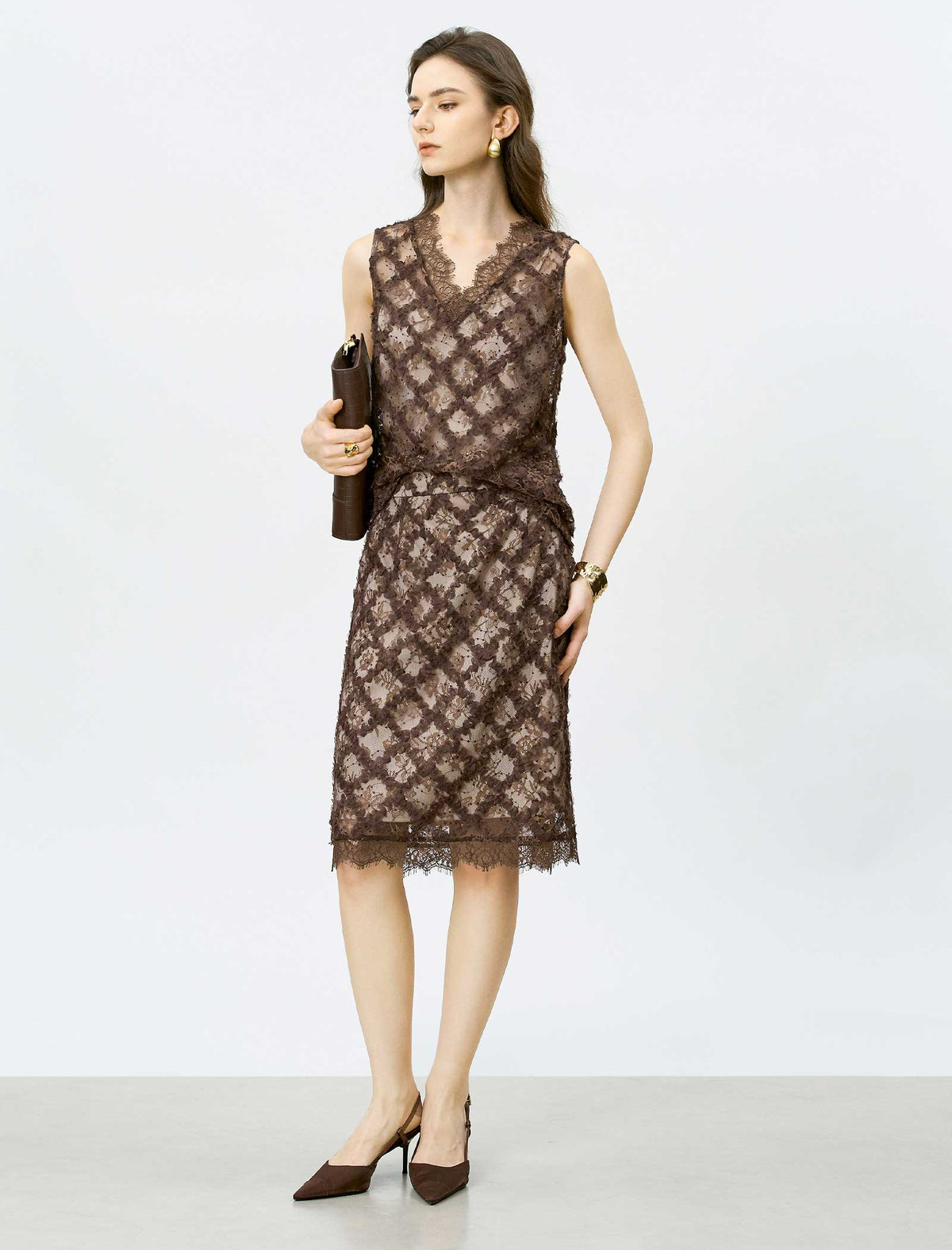 Brown Lace Embroidered Midi Skirt