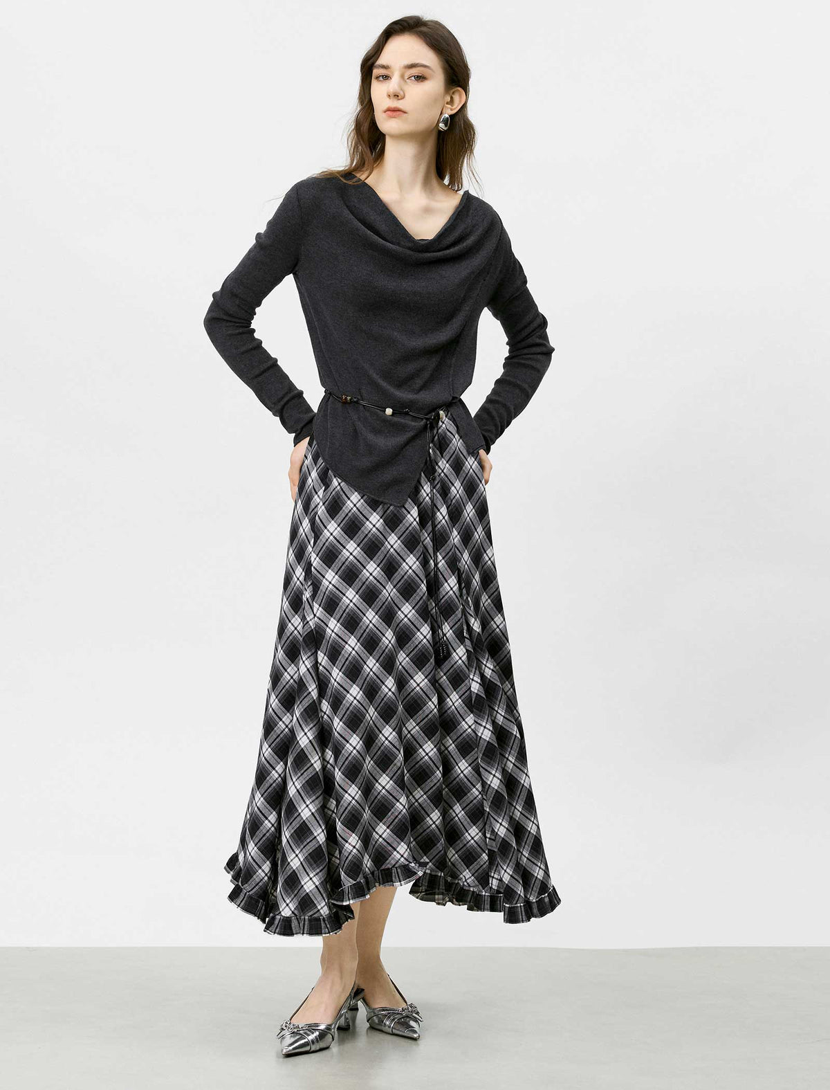 Black And White Plaid Ruffled Midi Skirt