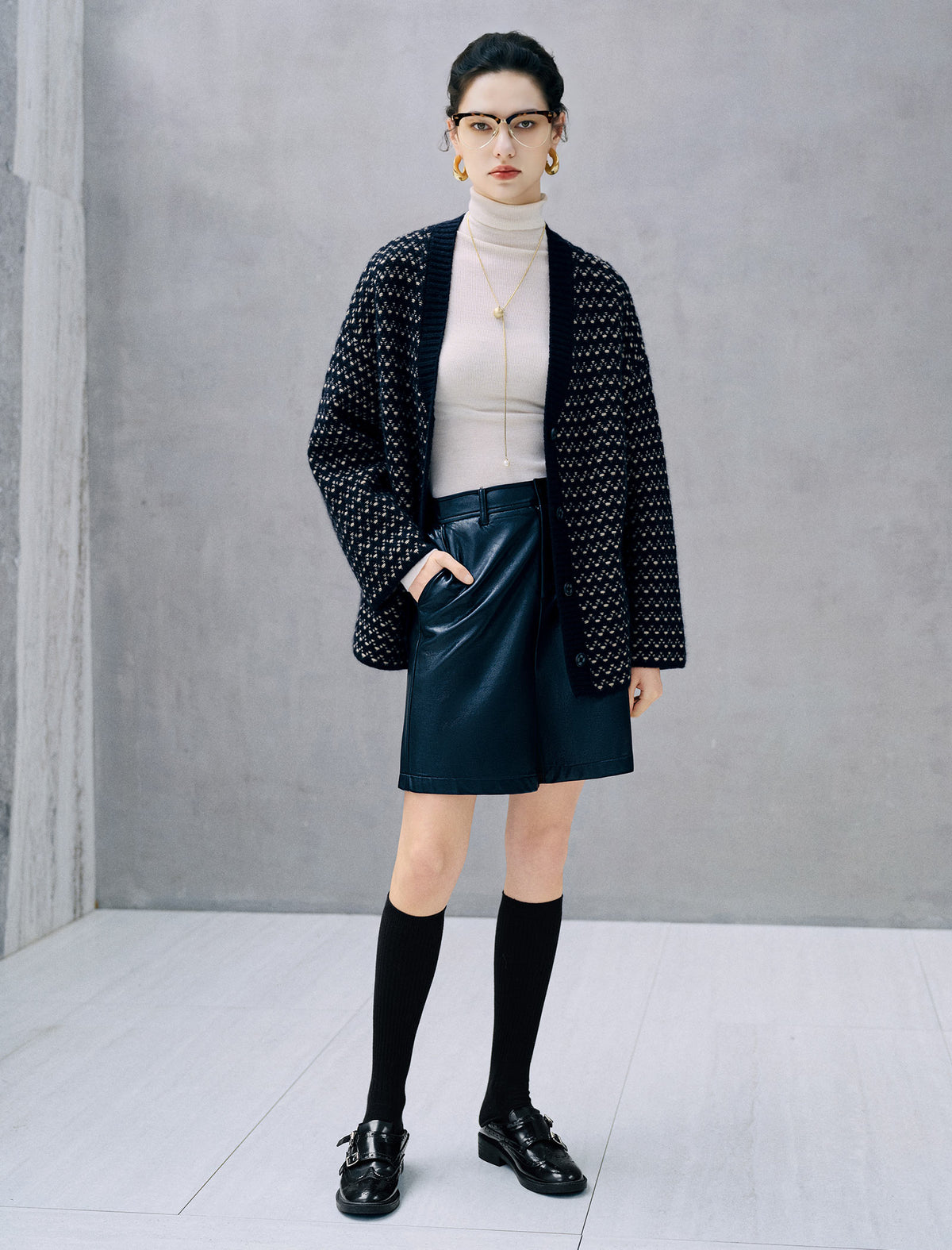 Wool Blend Polka Dot V-Neck Cropped Cardigan