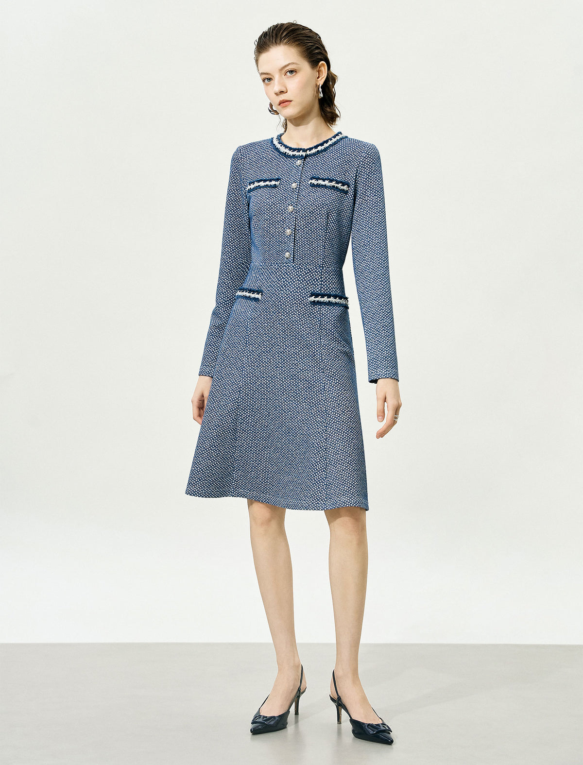 Textured Tweed Long-Sleeve A-Line Dress with Pearl Buttons