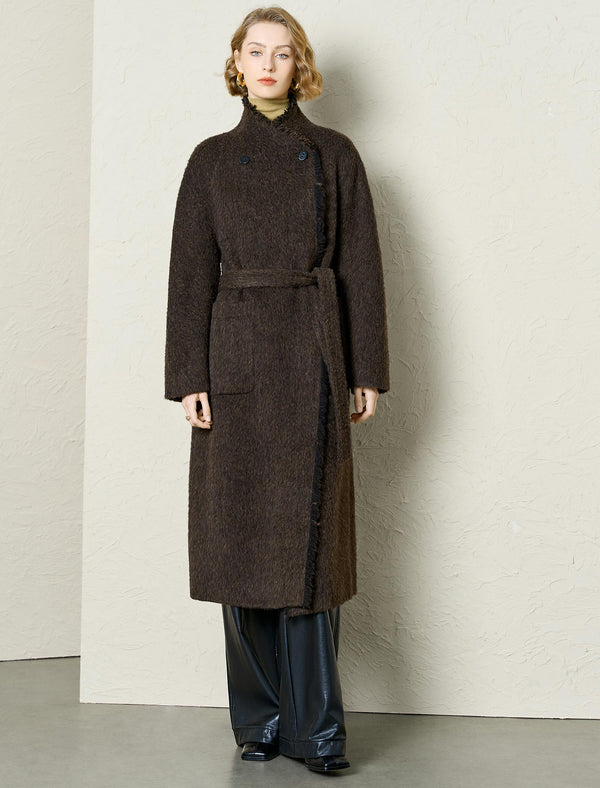 Textured Wool-Alpaca Blend Fringe Detail Wrap Coat