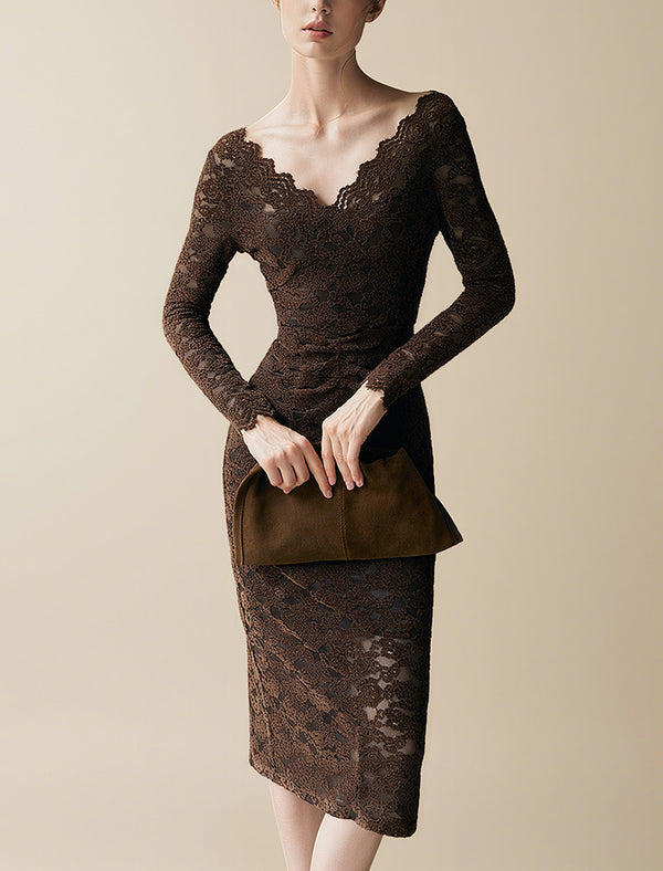 Brown Lace Long Sleeve Midi Dress