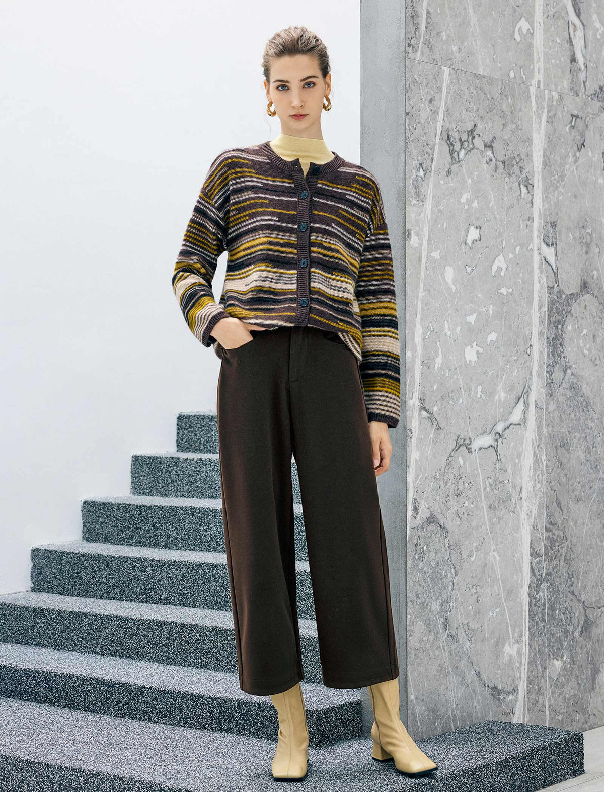 Wool Blend Striped Drop-Shoulder Button Cardigan