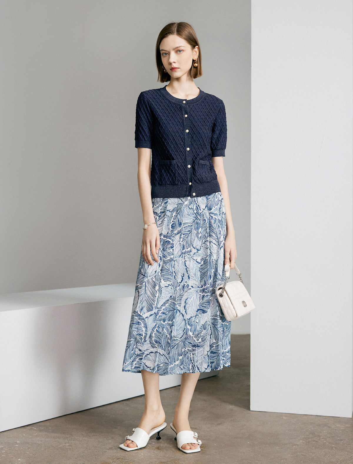 Leaf Print Pleated Midi Skirt