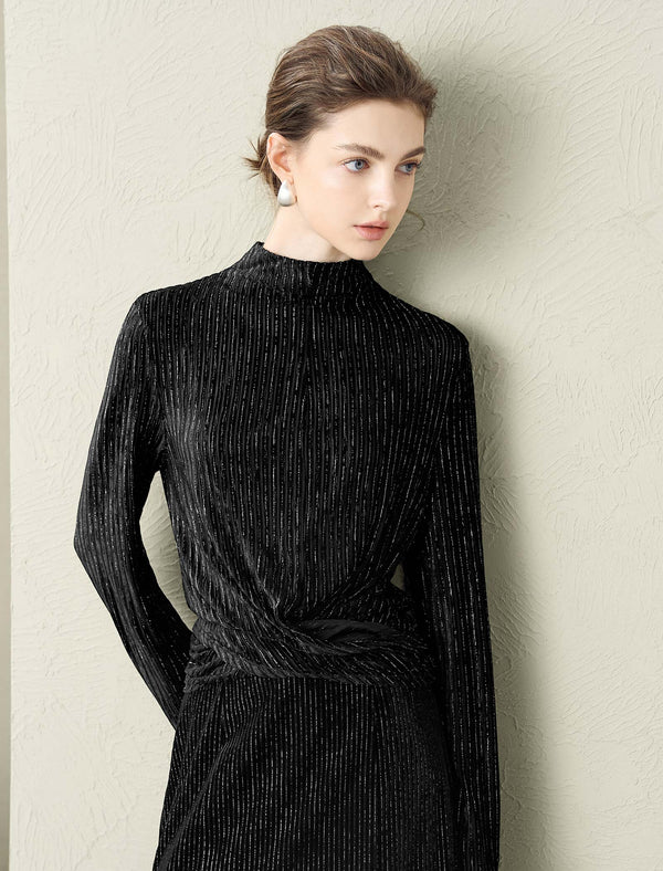 Shimmery Striped Mock Neck Long-Sleeve Top