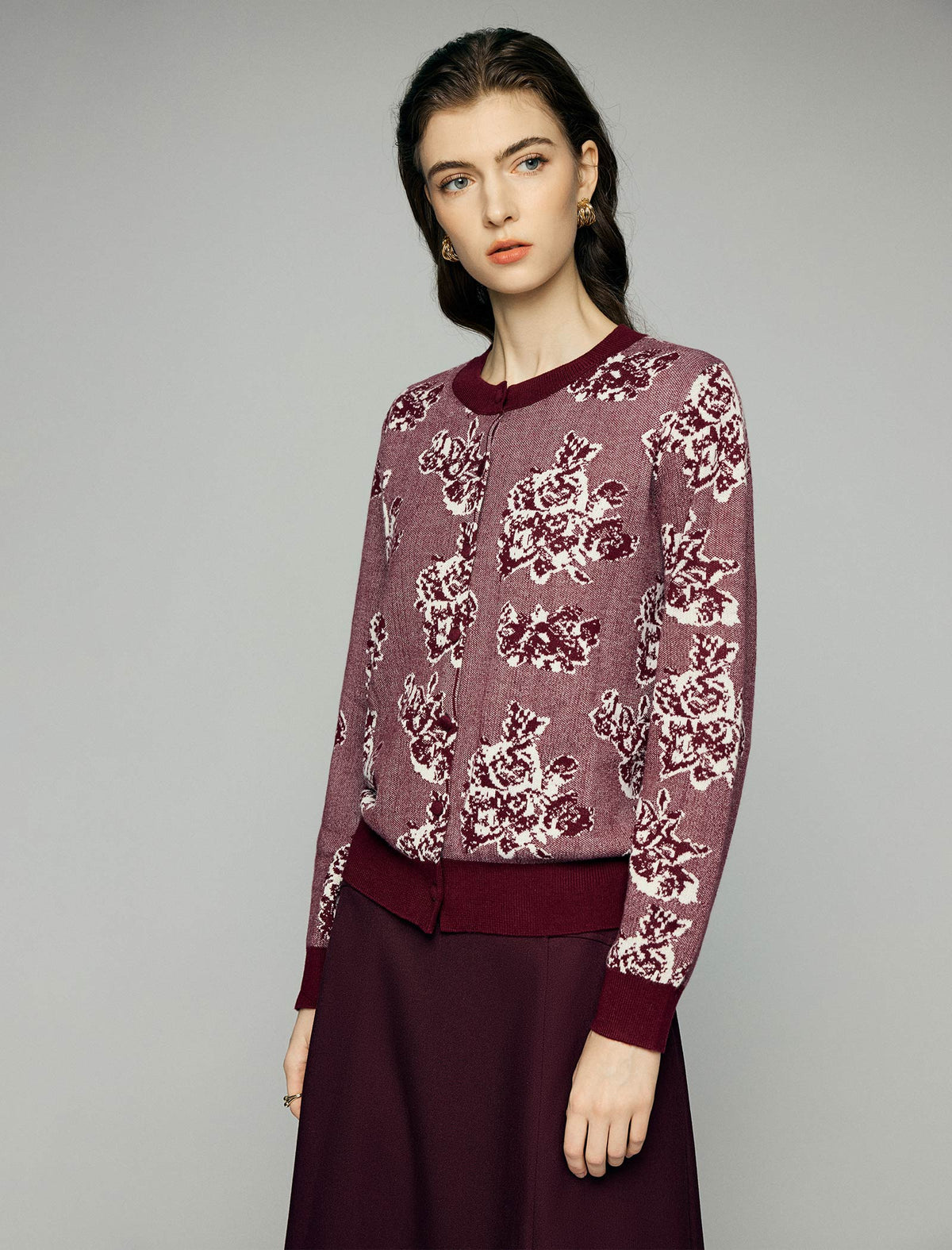 Wool Blend Floral Jacquard Crewneck Button-Front Cardigan