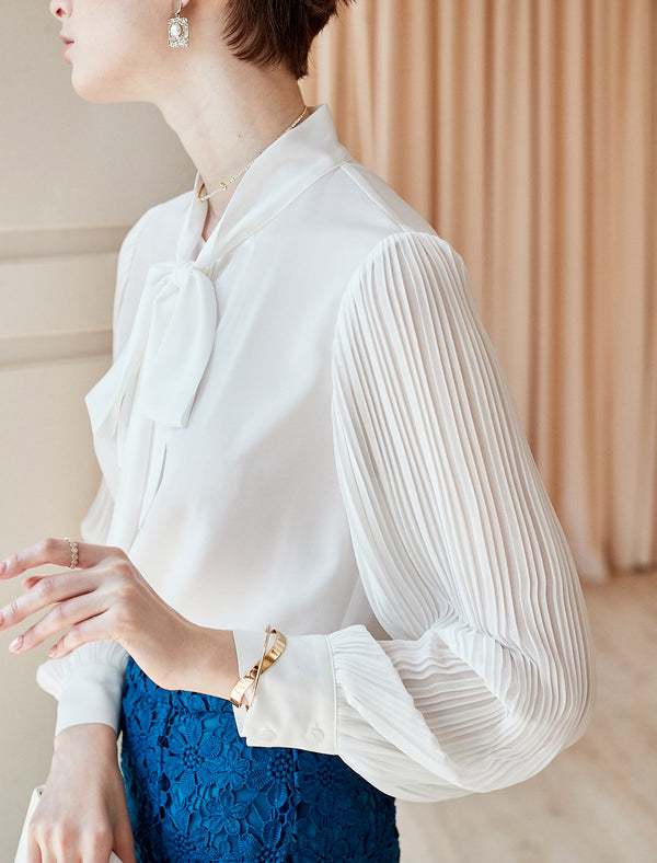 White Tie-Neck Youthful Office Chiffon Blouse