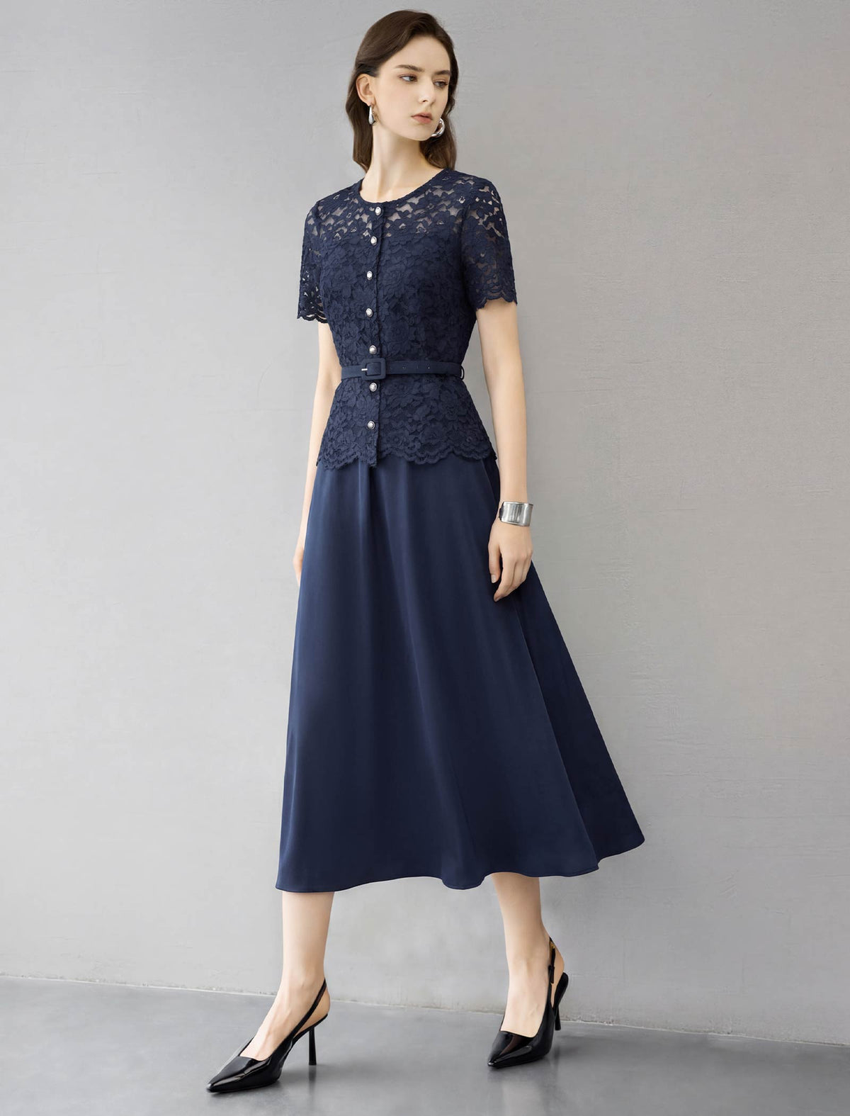 Navy Lace Mock Two-Piece Belted Midi Dress
