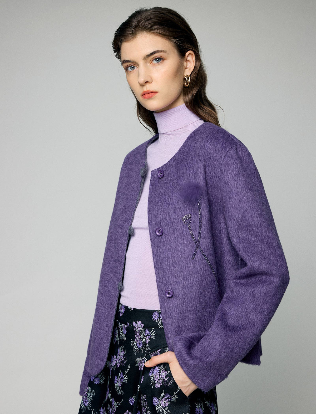 Wool Blend Metallic-Stripe Crewneck Button-Front Cropped Jacket