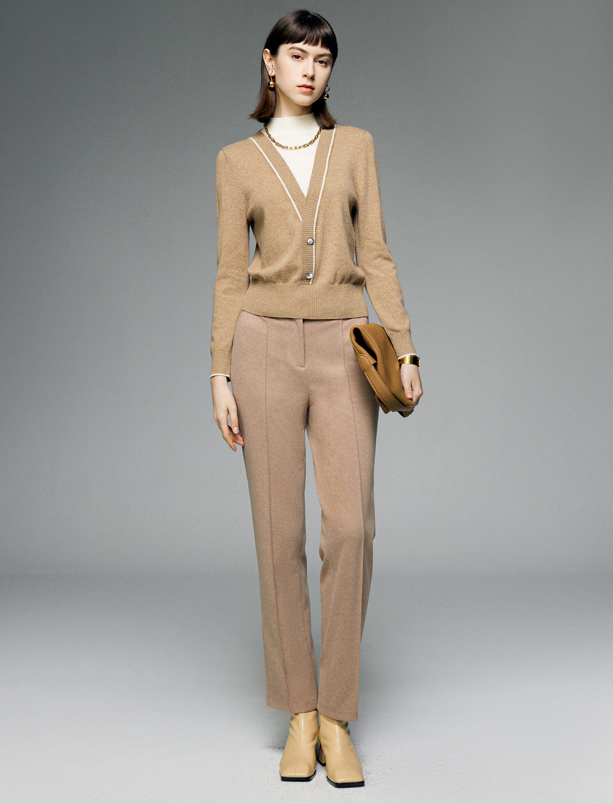 Contrast Trim V-Neck Layered Knit Cardigan