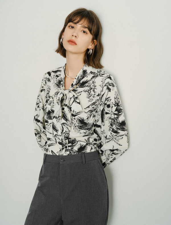 Botanical Print Bow Tie Blouse