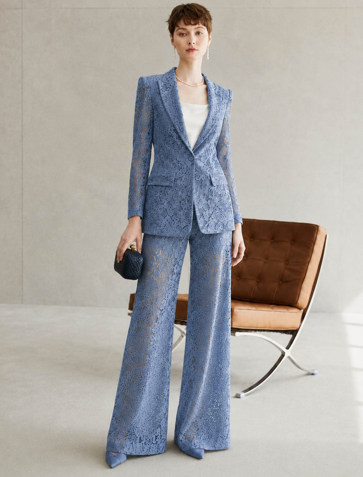 Dusty Blue Lace Wide-Leg Pants