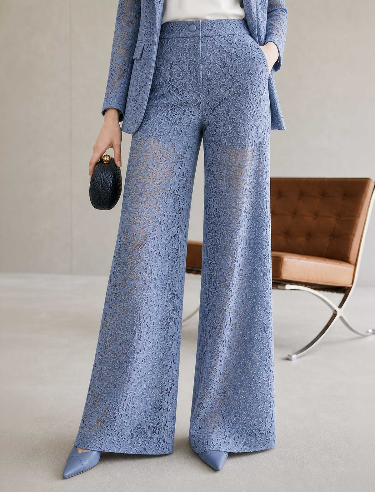 Dusty Blue Lace Wide-Leg Pants