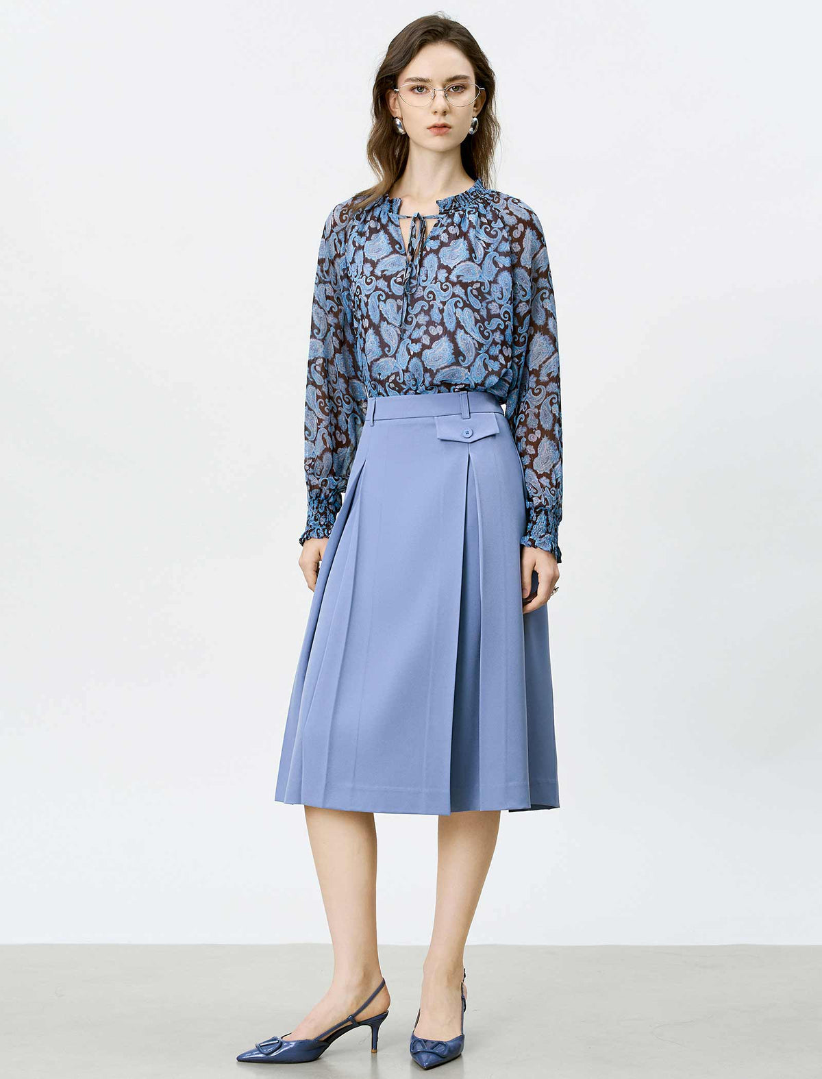 Blue Paisley Tie-Neck Blouse