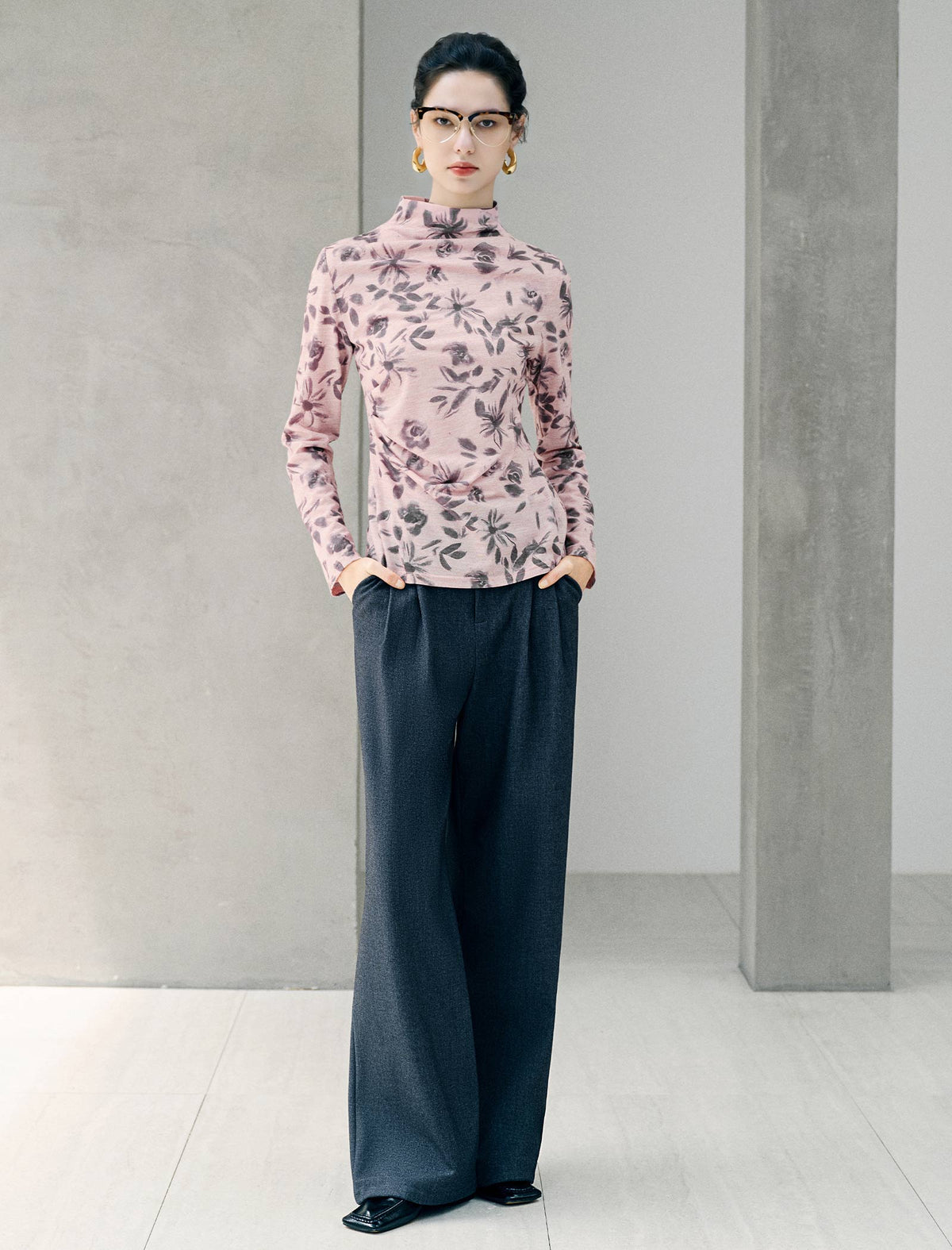 Ink-wash Floral Mock Neck Long Sleeve Top