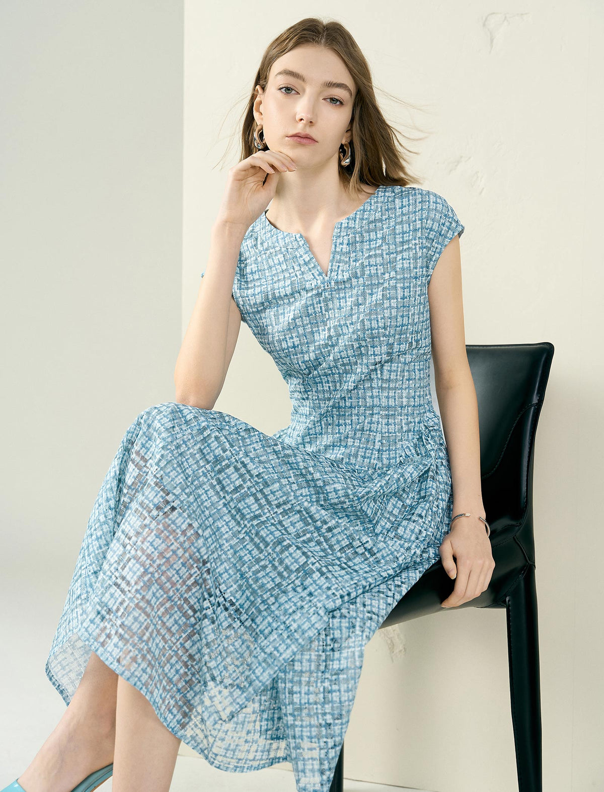 Openwork Print Cap Sleeve Midi Dress