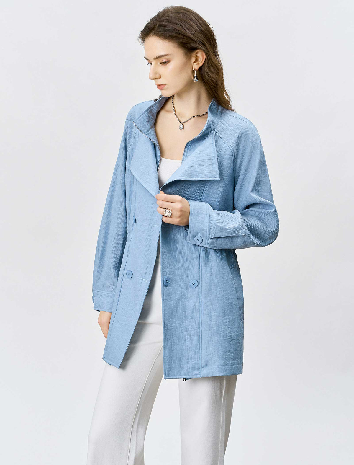 Light Blue Drawstring Waist Double Breasted Mid Length Trench Jacket