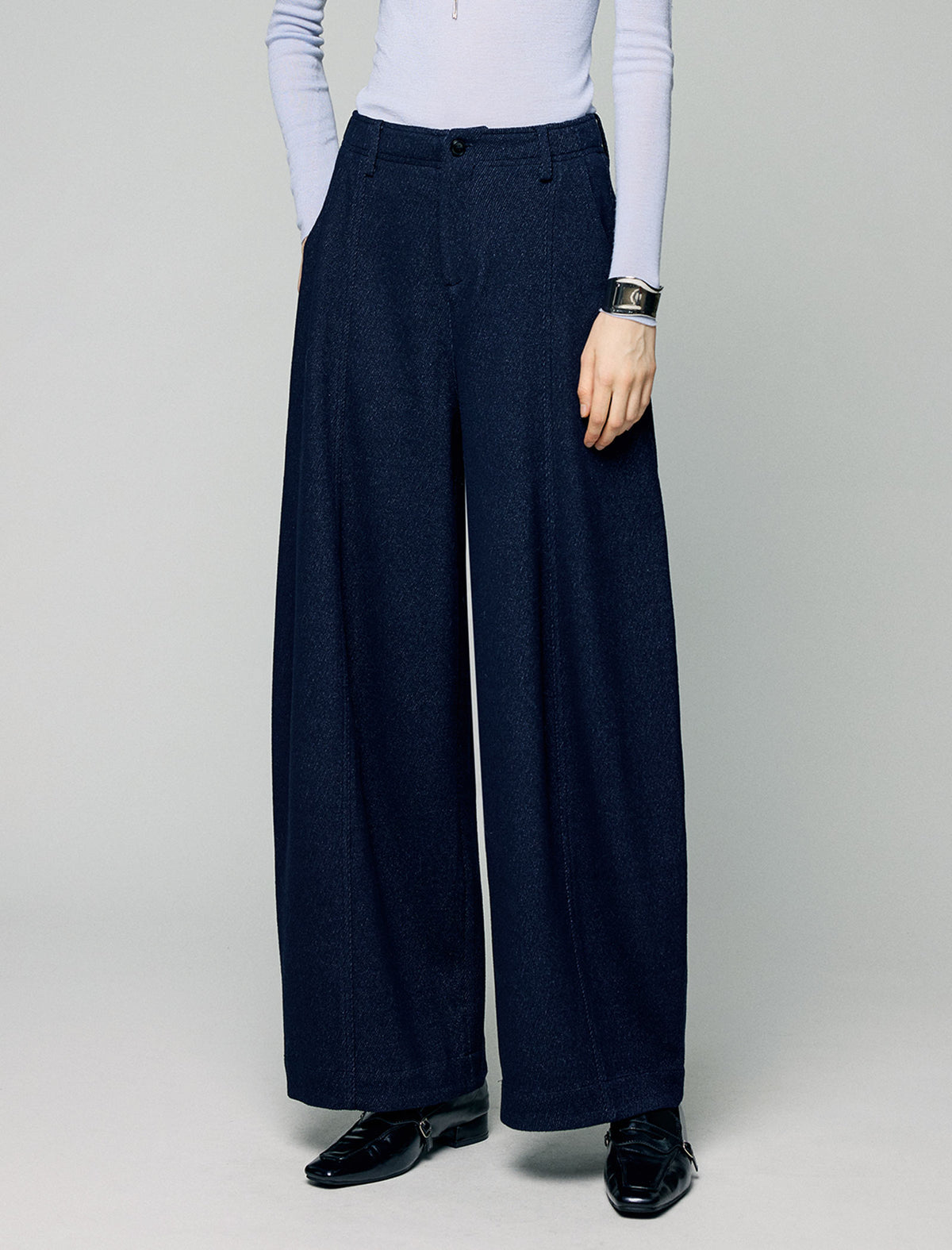 Wool Blend High-Waist Crease-Front Wide-Leg Pants