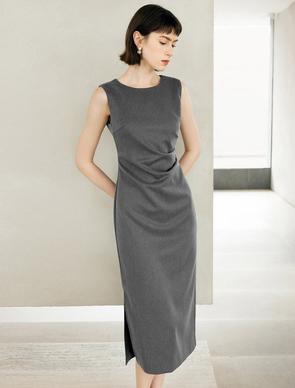 Side Ruched Sleeveless Midi Dress