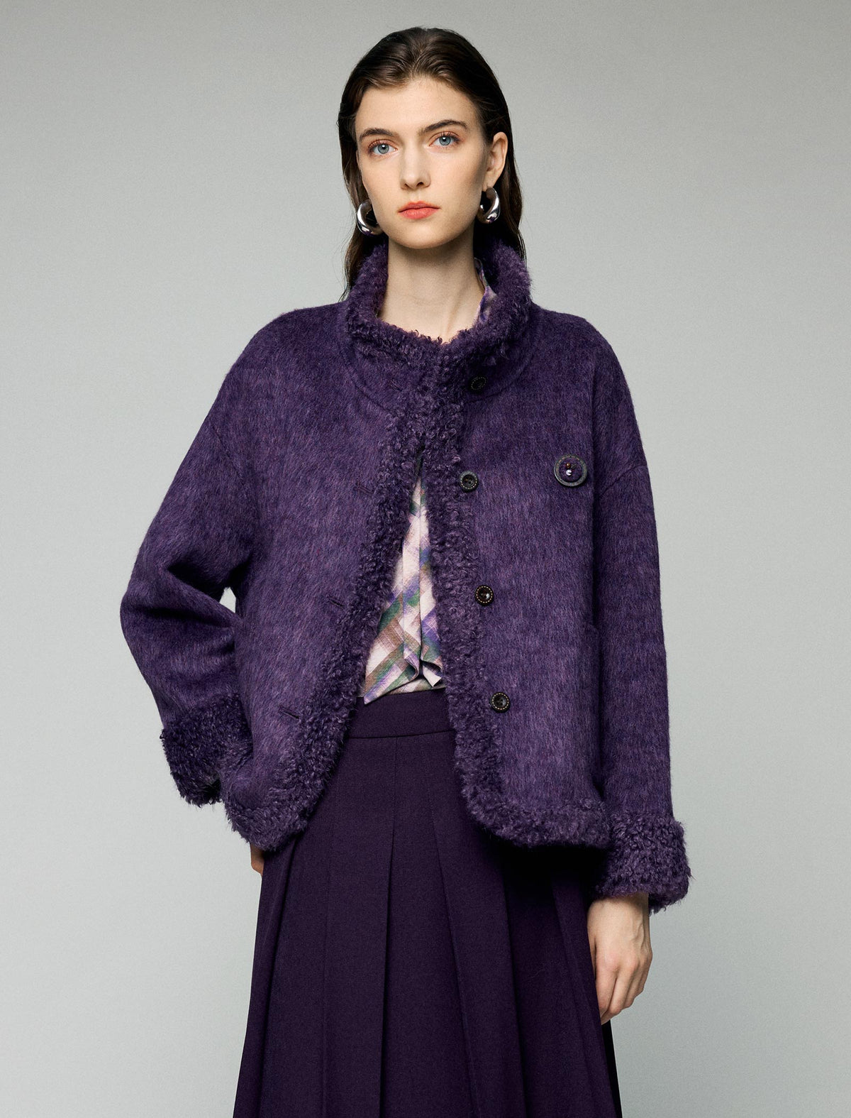Wool Blend Contrast-Trim Button-Front Cropped Jacket