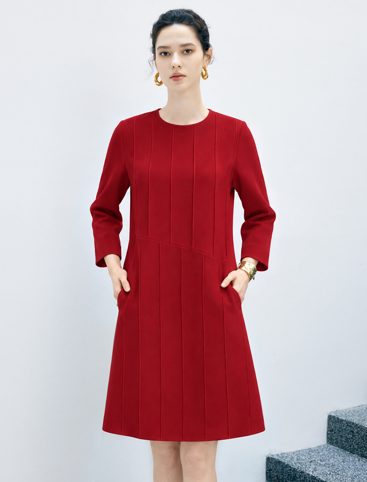 Wool Blend Quilted Button-Front Straight-Fit Dress