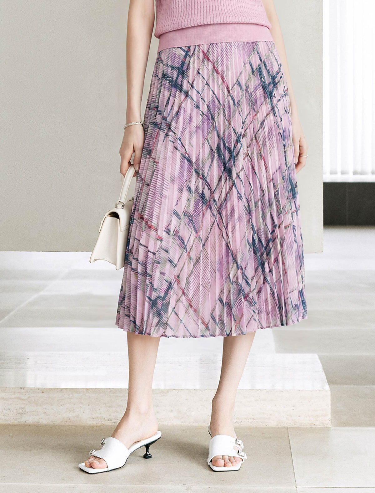 Purple Abstract Plaid Pleated Midi Skirt