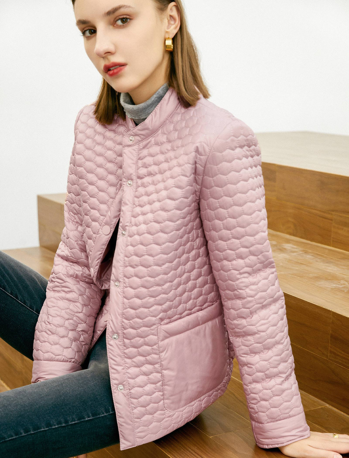 Stand-Collar Snap-Front Padded Coat