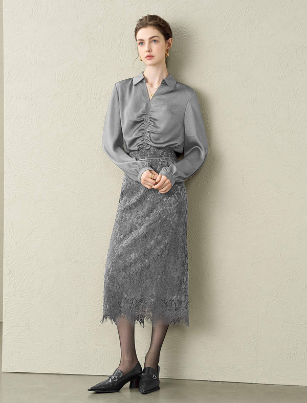 Mulberry Silk V-Neck Ruched Front Collared Blouse