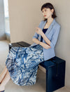 Blue Abstract Print Pleated Midi Skirt
