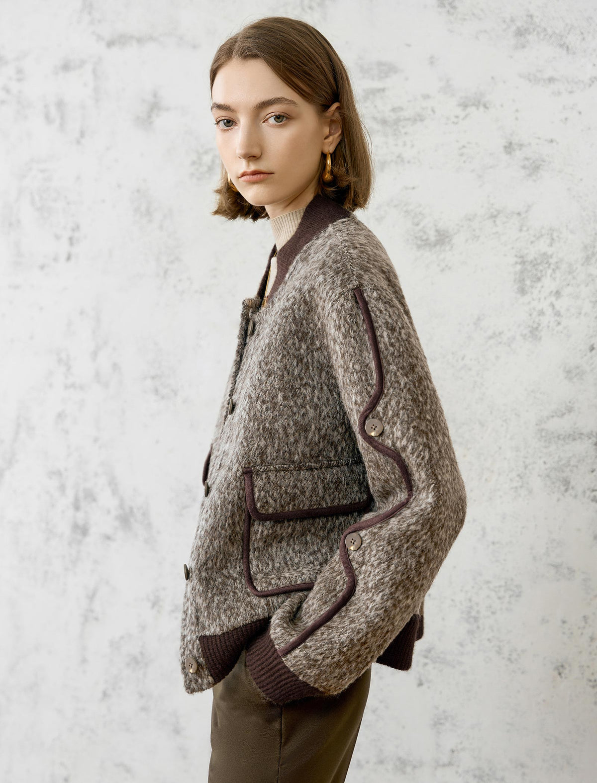 Wool-Blend Fuzzy Textured Bomber Jacket