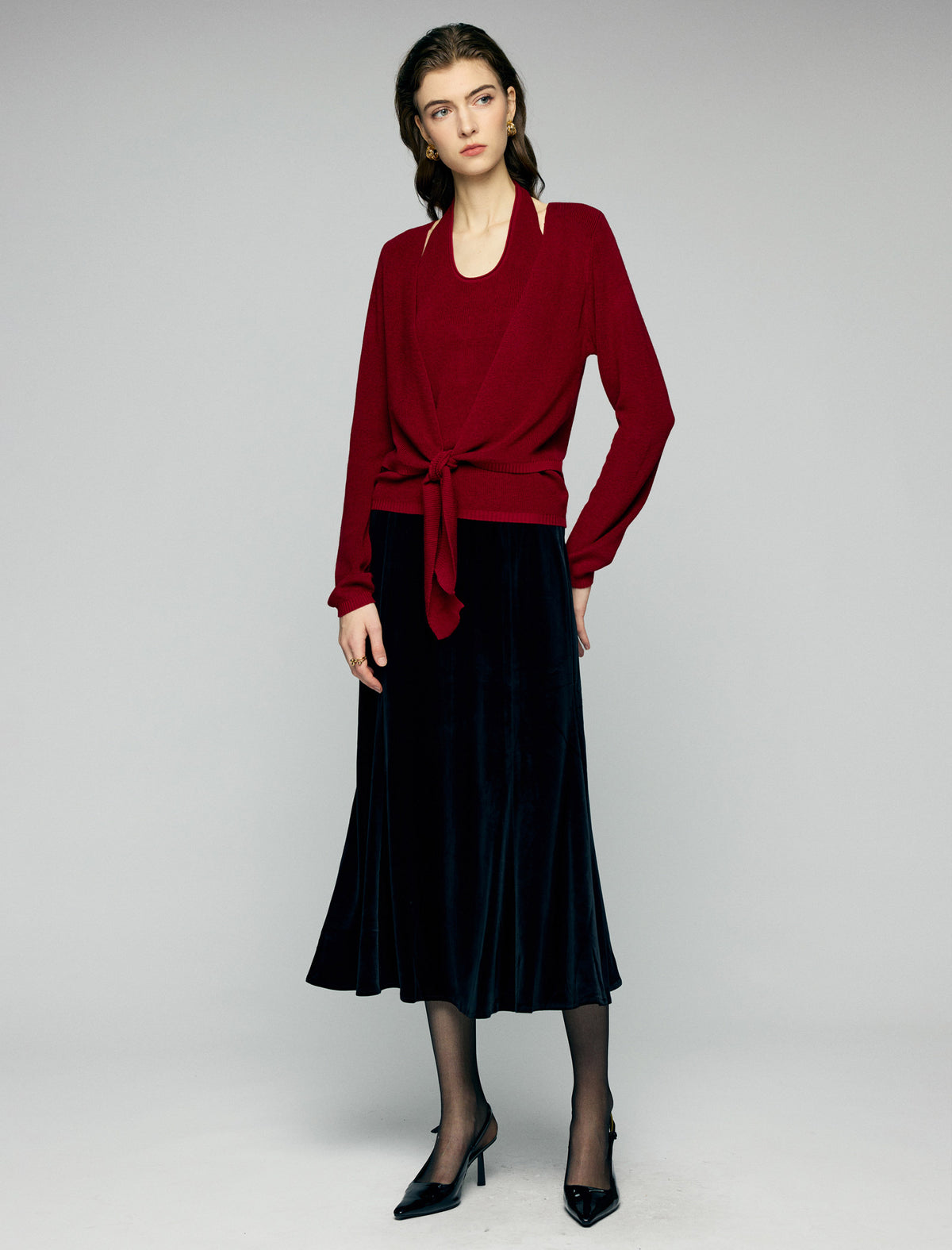 Layered Tie Front Long Sleeve Knit Top