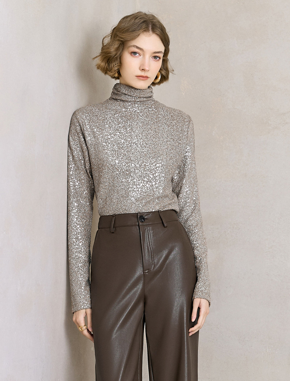 All-Over Sequin Turtleneck Long-Sleeve Top