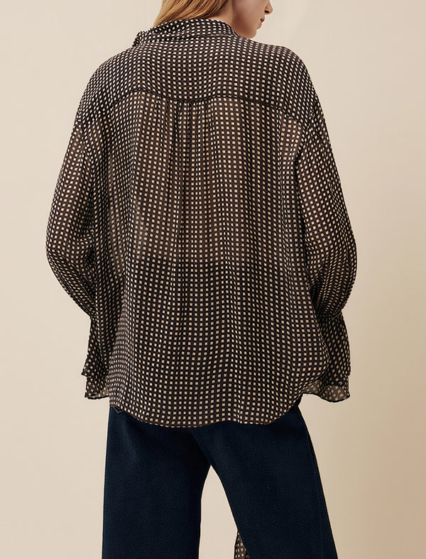 Brown Grid Print Sheer Blouse