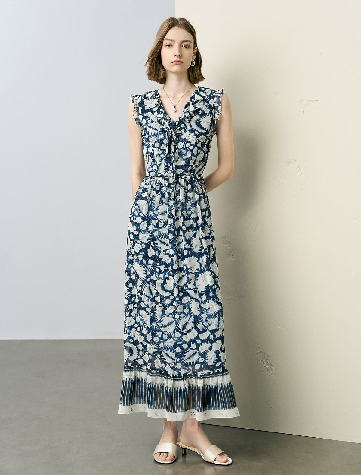 Tie-Dye Floral Ruffle V-Neck Midi Dress