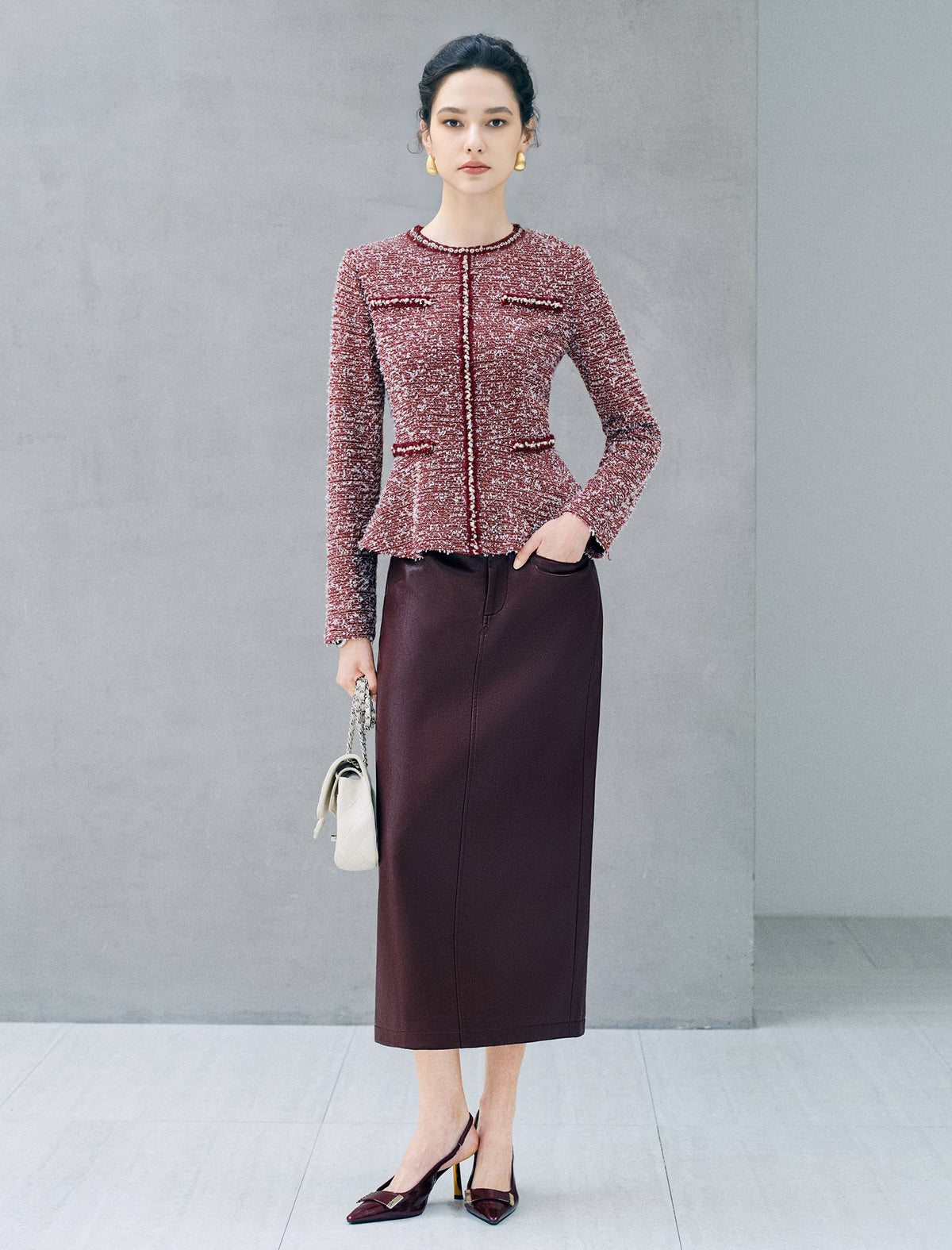 Pearl Trim Tweed Peplum Long Sleeve Jacket