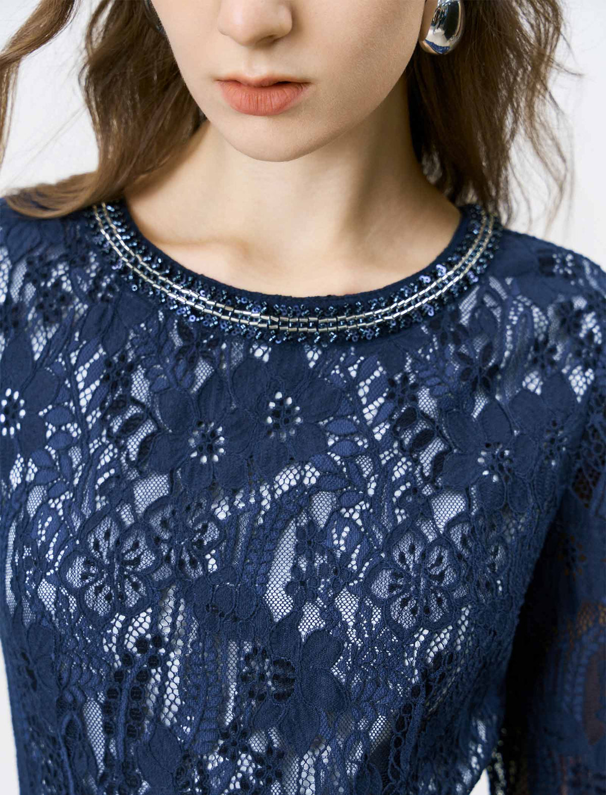 Navy Blue Beaded Neckline Lace Midi Dress