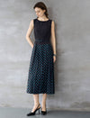 Black And Turquoise Polka Dot Pleated Sleeveless Midi Dress