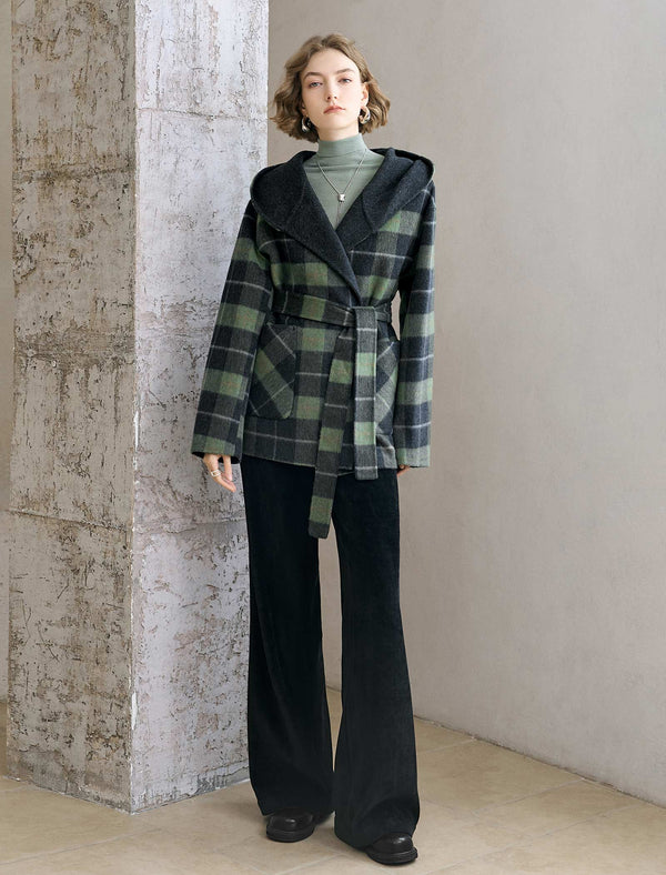 Plaid Wool-Blend Hooded Coat