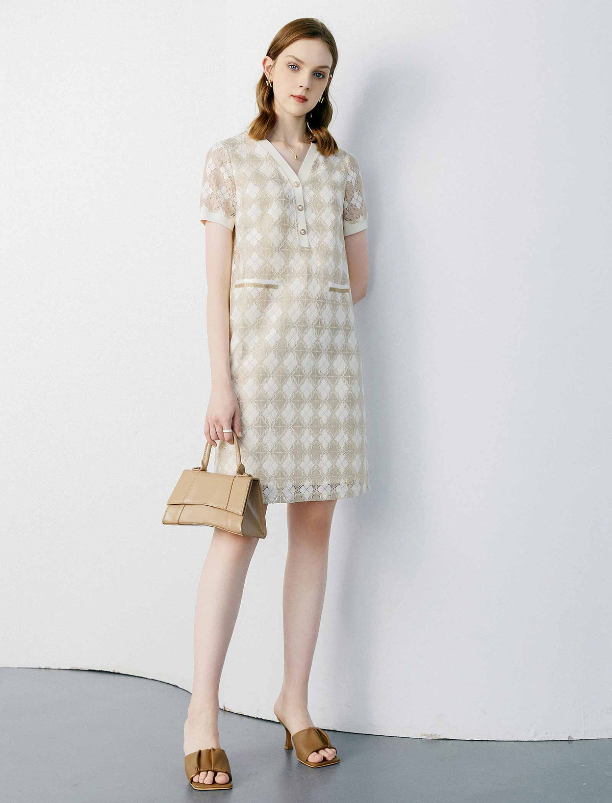V-Neck Lace Plaid Print Dress