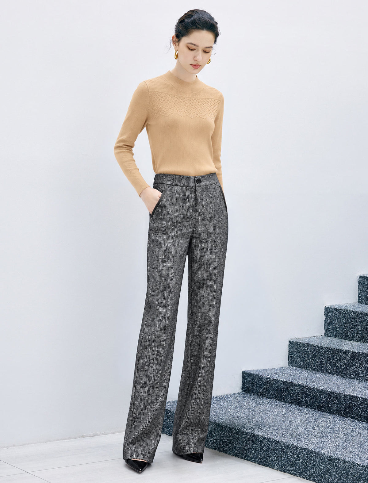 Wool Blend Herringbone Pocket Straight-Fit Straight-Leg Pants