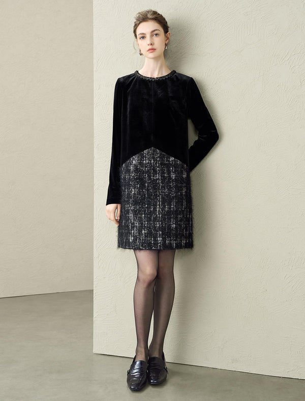Black Velvet and Tweed Shift Dress
