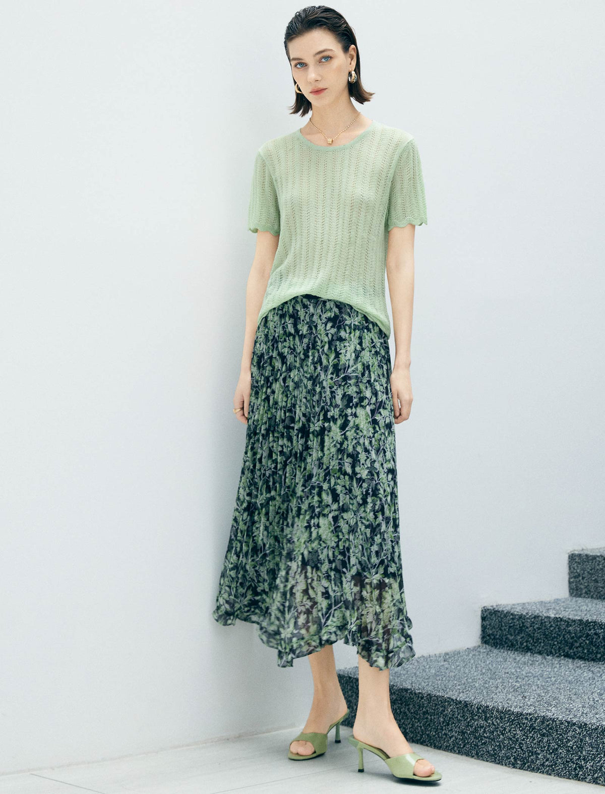 Mint Green Open Knit Scallop Short Sleeve Knit Top