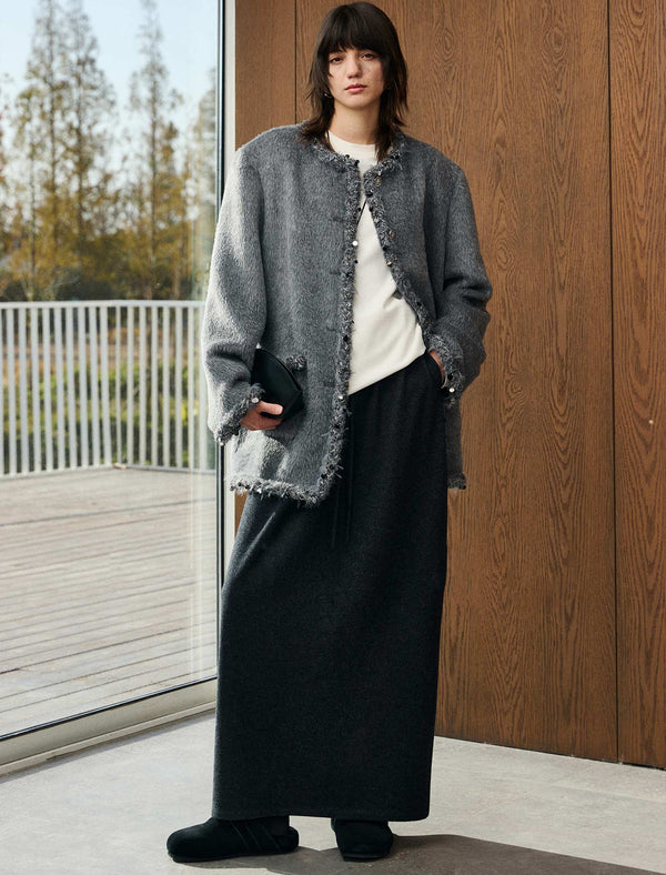 100% Alpaca Tweed-Trimmed Wool Coat